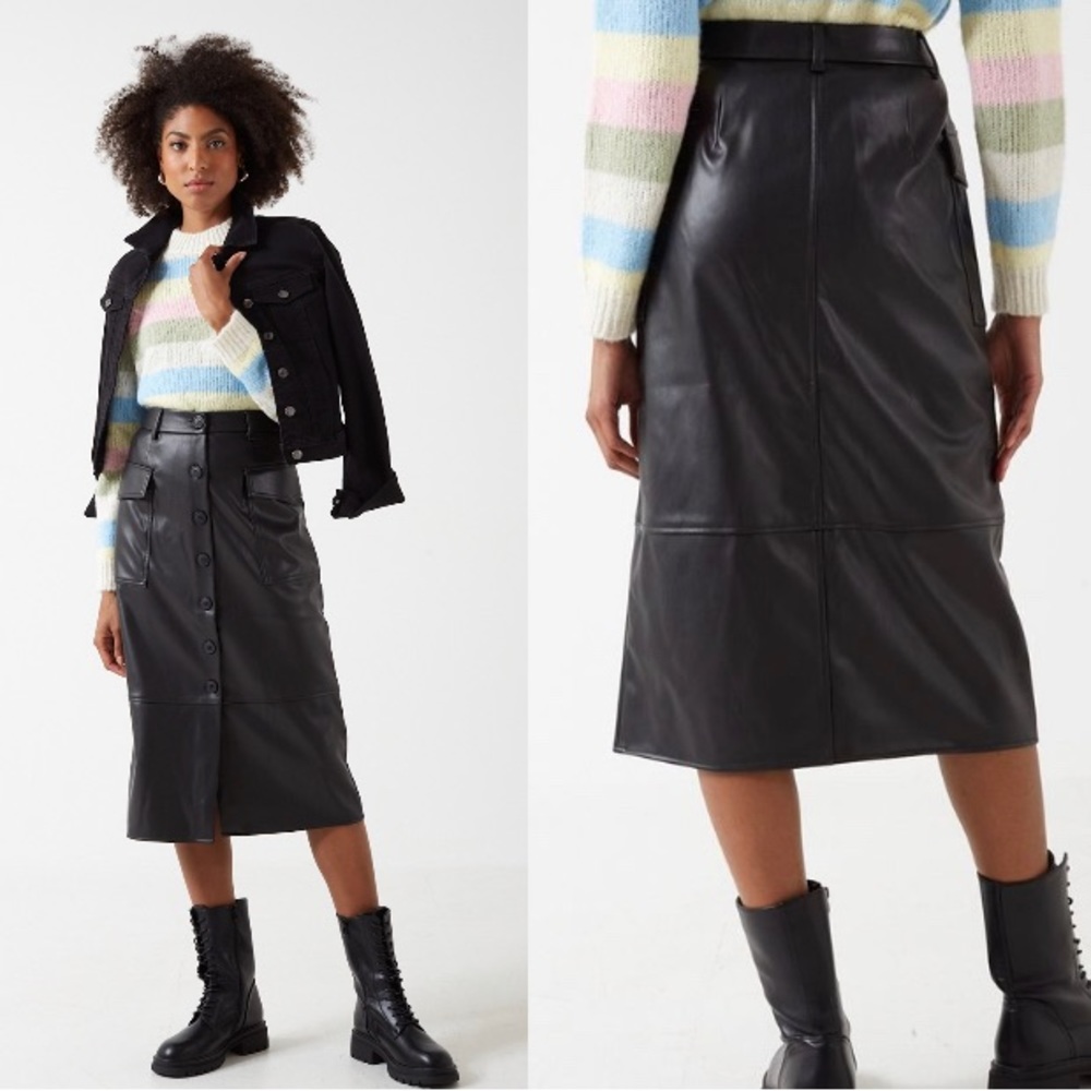 ONLY Black Faux Leather Button Down Cargo MIDI Skirt